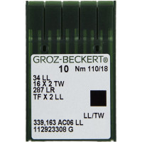Голка Groz-Beckert 34LL, 16x2 TW, 287 LL з тонкою колбою ліва лопатка для шкіри 10 шт/уп
