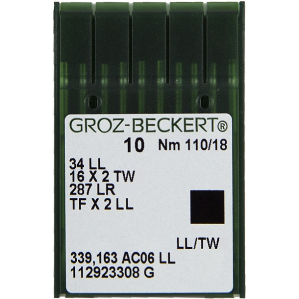 Игла Groz-Beckert 34LL, 16x2 TW, 287 LL с тонкой колбой левая лопатка для кожи 10 шт/уп